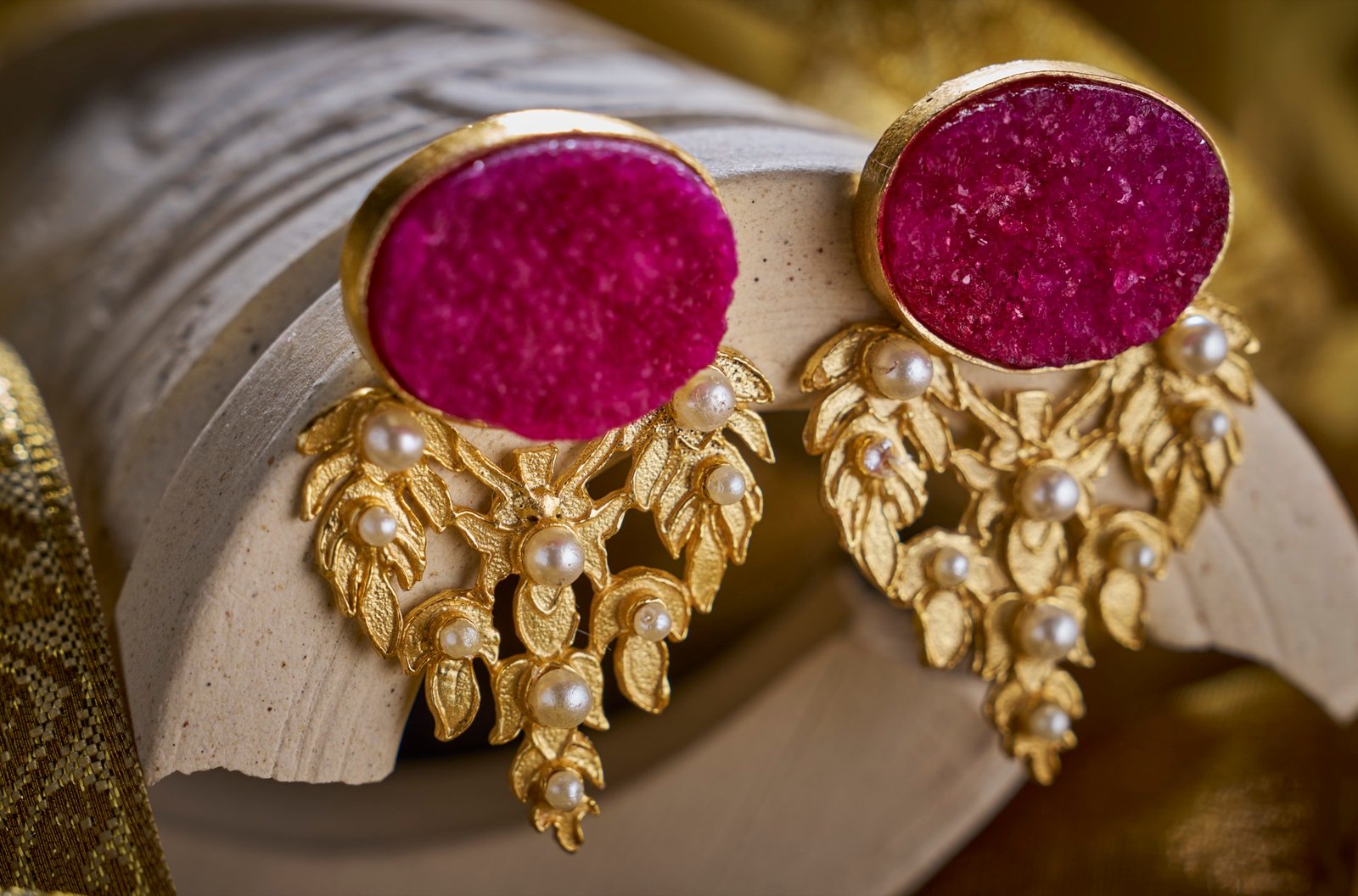 Earrings Red Stone Moti Studded