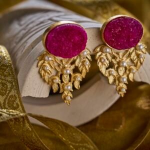 Earrings Red Stone Moti Studded