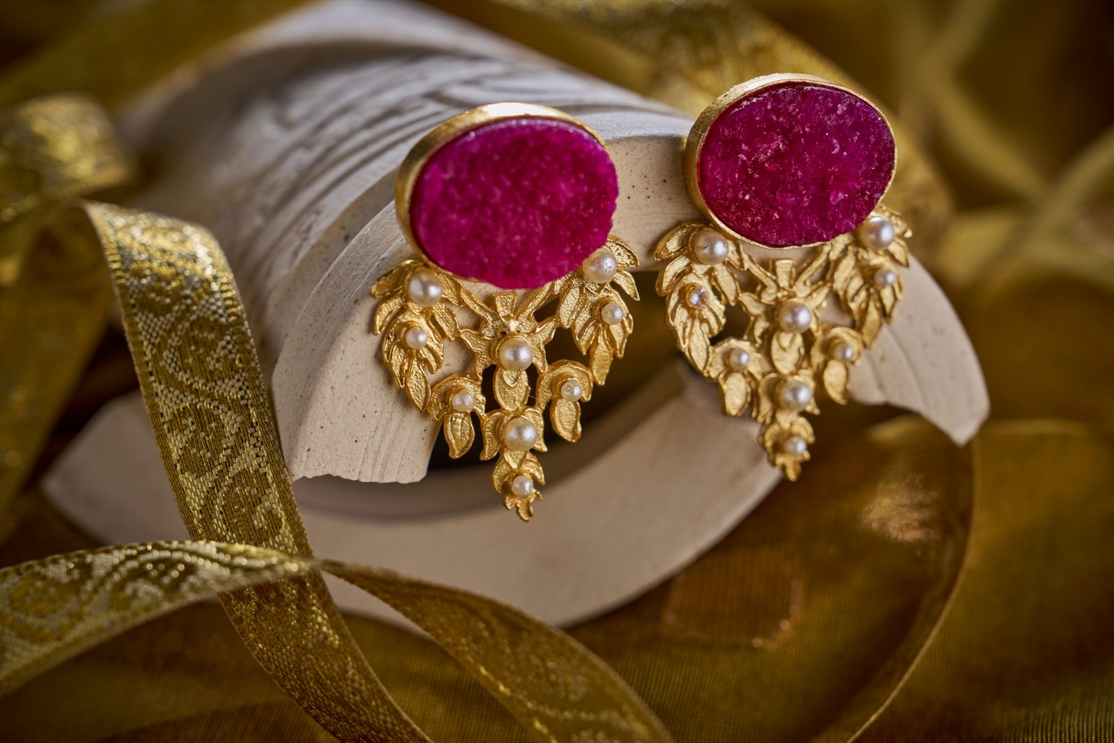 Earrings Red Stone Moti Studded