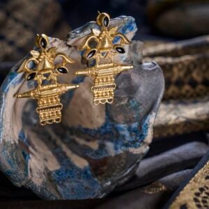 Earrings temple design three black enamel