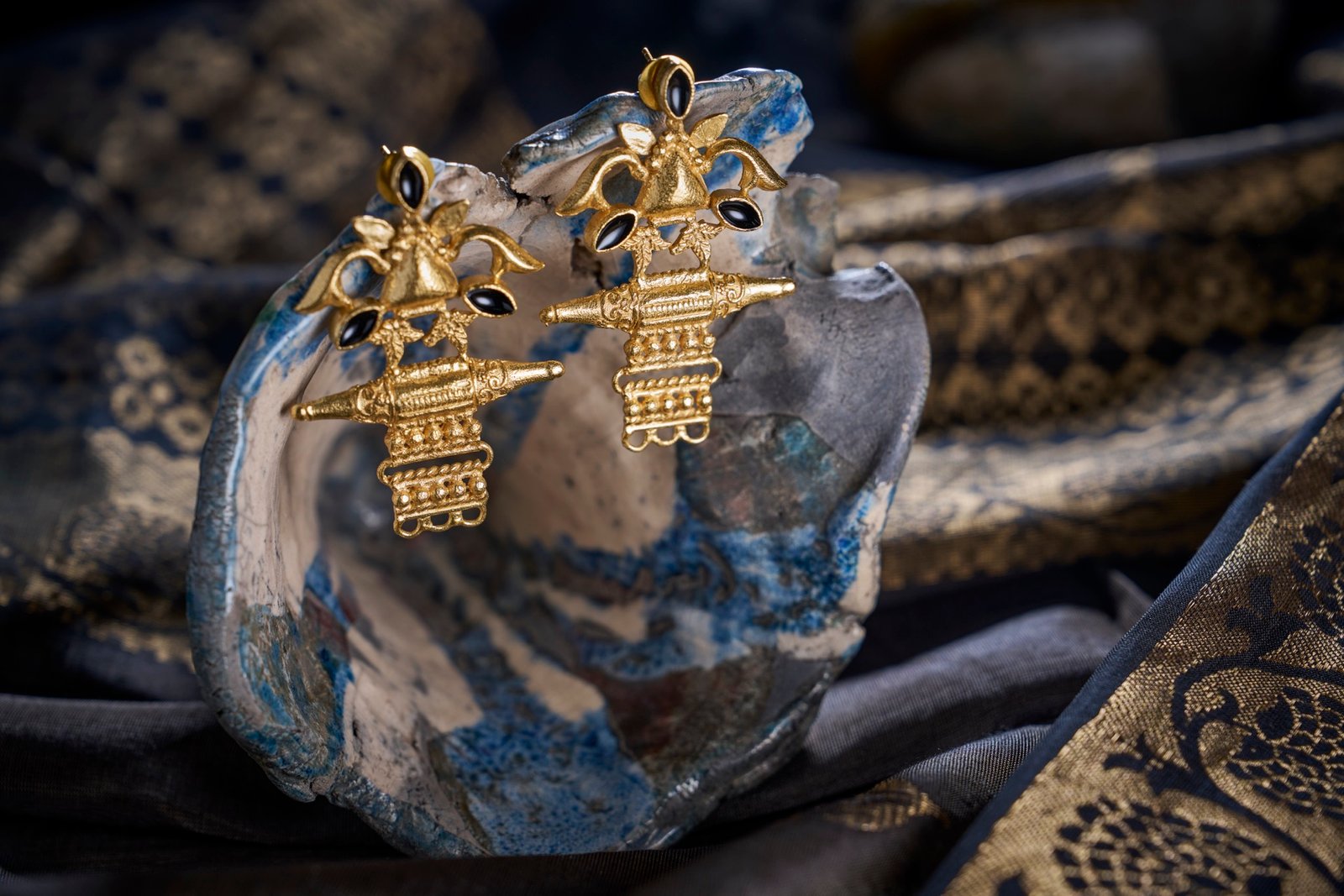 Earrings temple design three black enamel