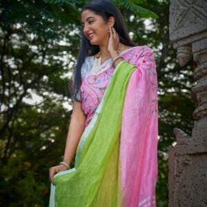 Saree Linen Fluorescent Green Work 1 Metre 6.3