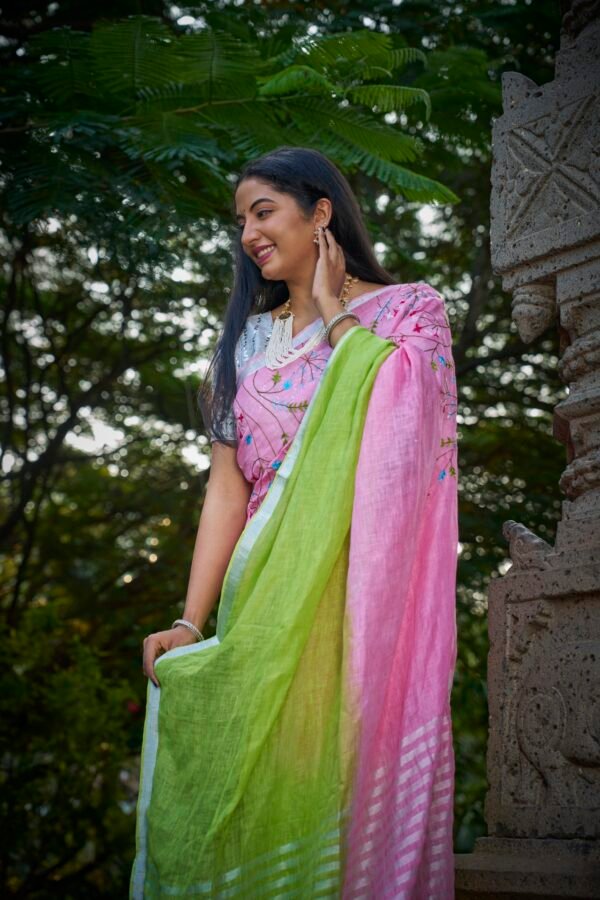 Saree Linen Fluorescent Green Work 1 Metre 6.3