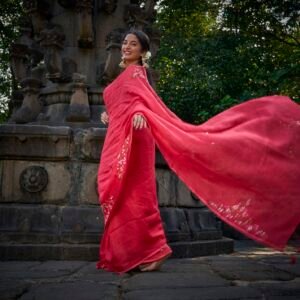 Saree Linen Red Buta Work 6.3