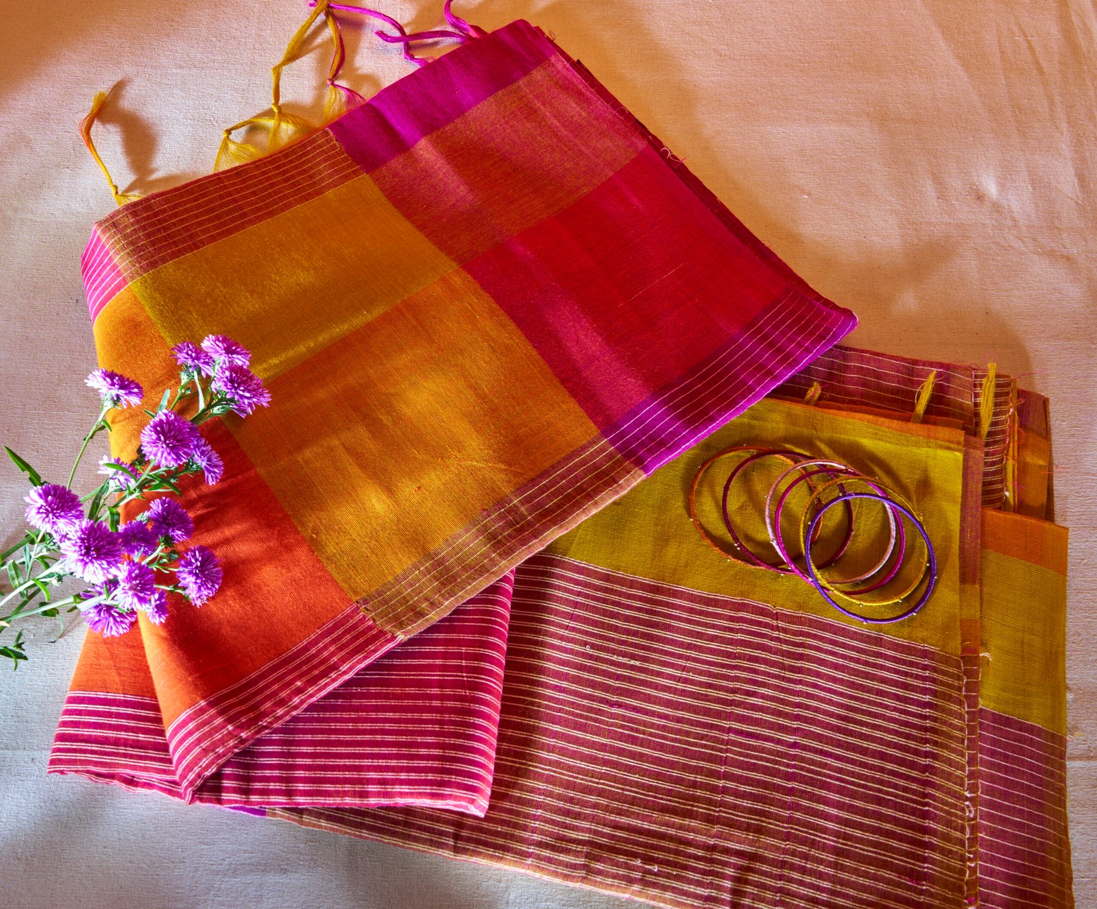 Cotton Handloom Orange Yellow Ponduru Saree