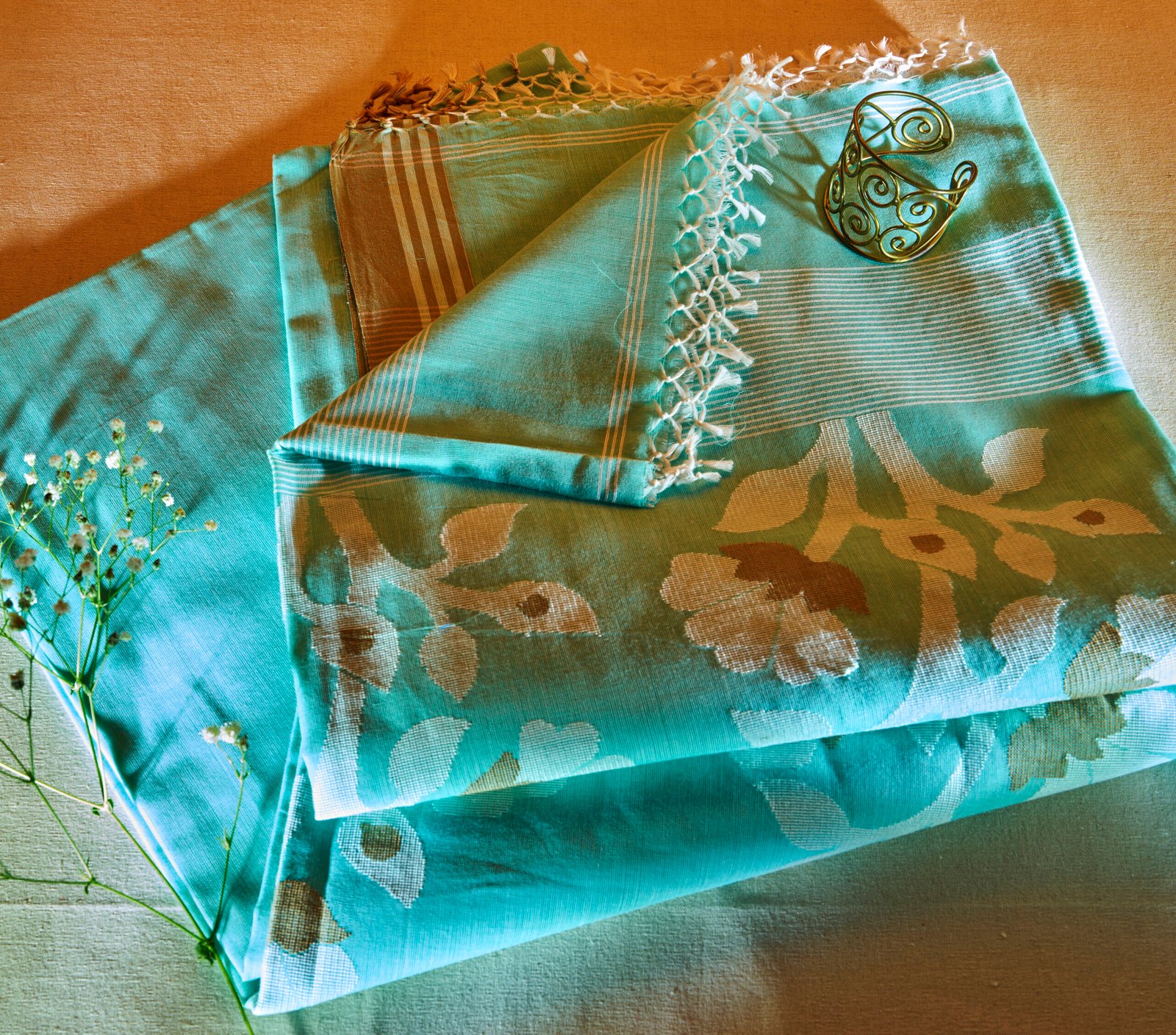 Aqua Teal Cotton Handloom Jamdani