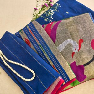 Deep royal blue Handloom Cotton Paithani