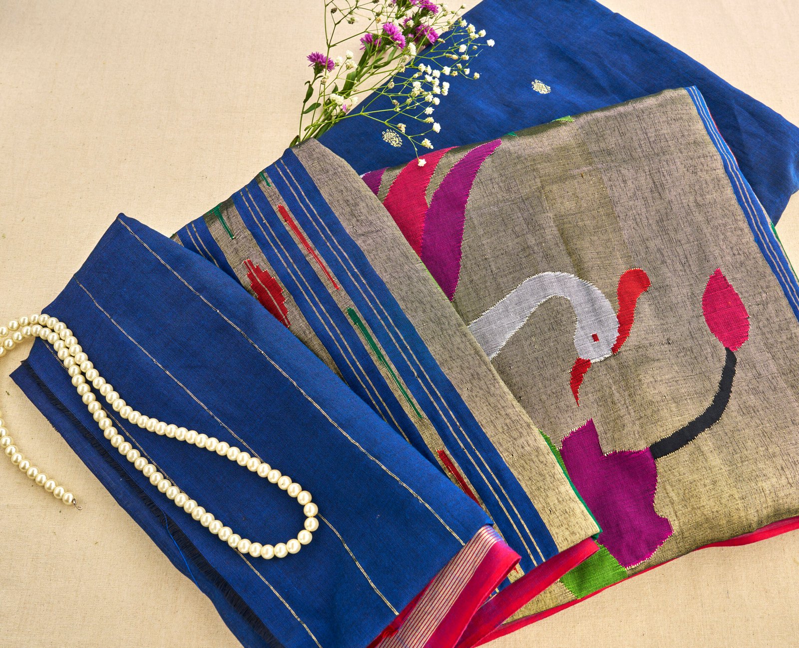 Deep royal blue Handloom Cotton Paithani