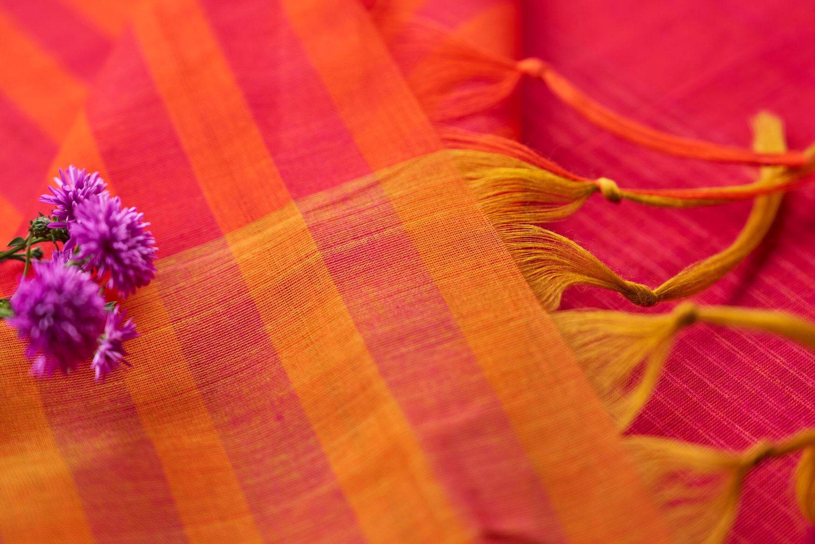 Cotton Handloom Orange Yellow Ponduru Saree - Image 4