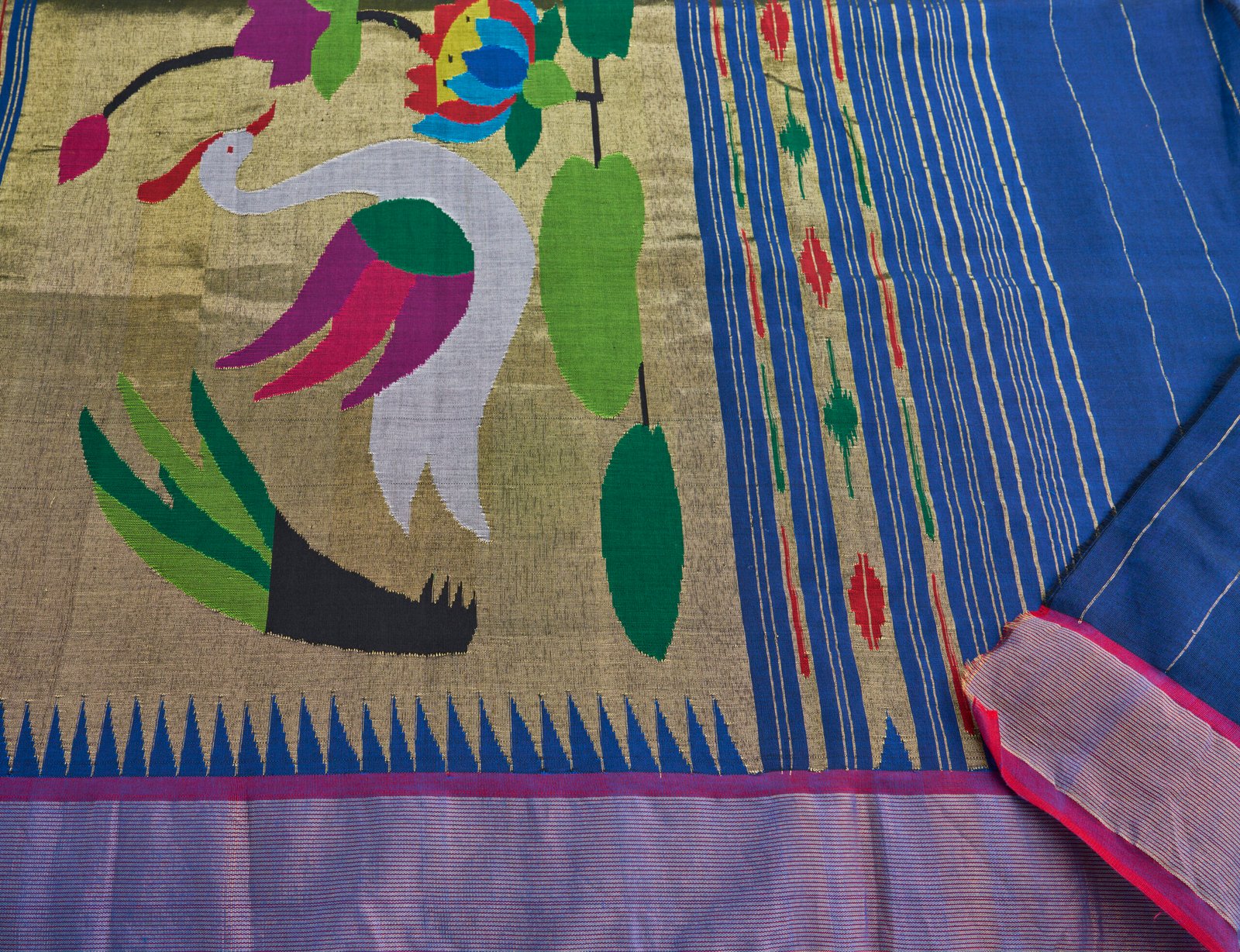 Deep royal blue Handloom Cotton Paithani - Image 5