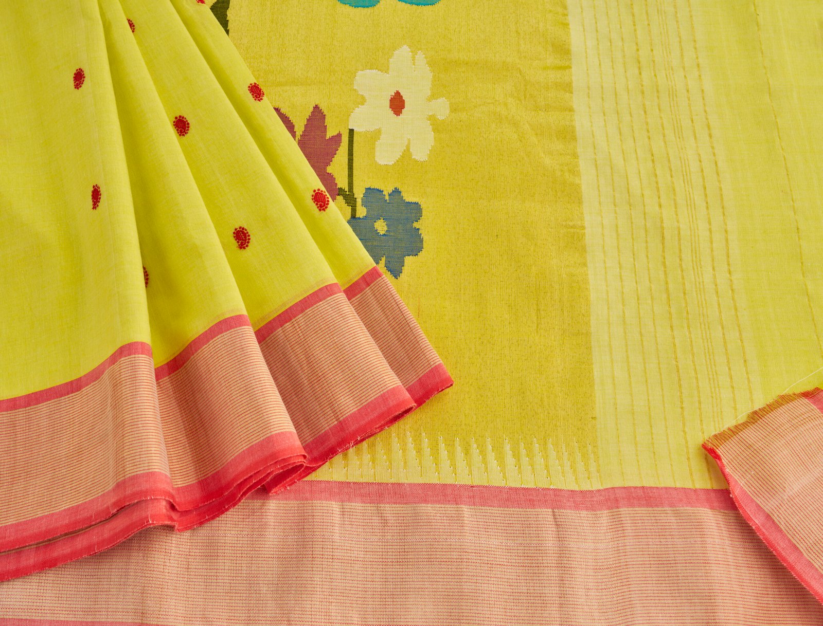 Chartreuse Yellow Handloom Cotton Paithani - Image 2
