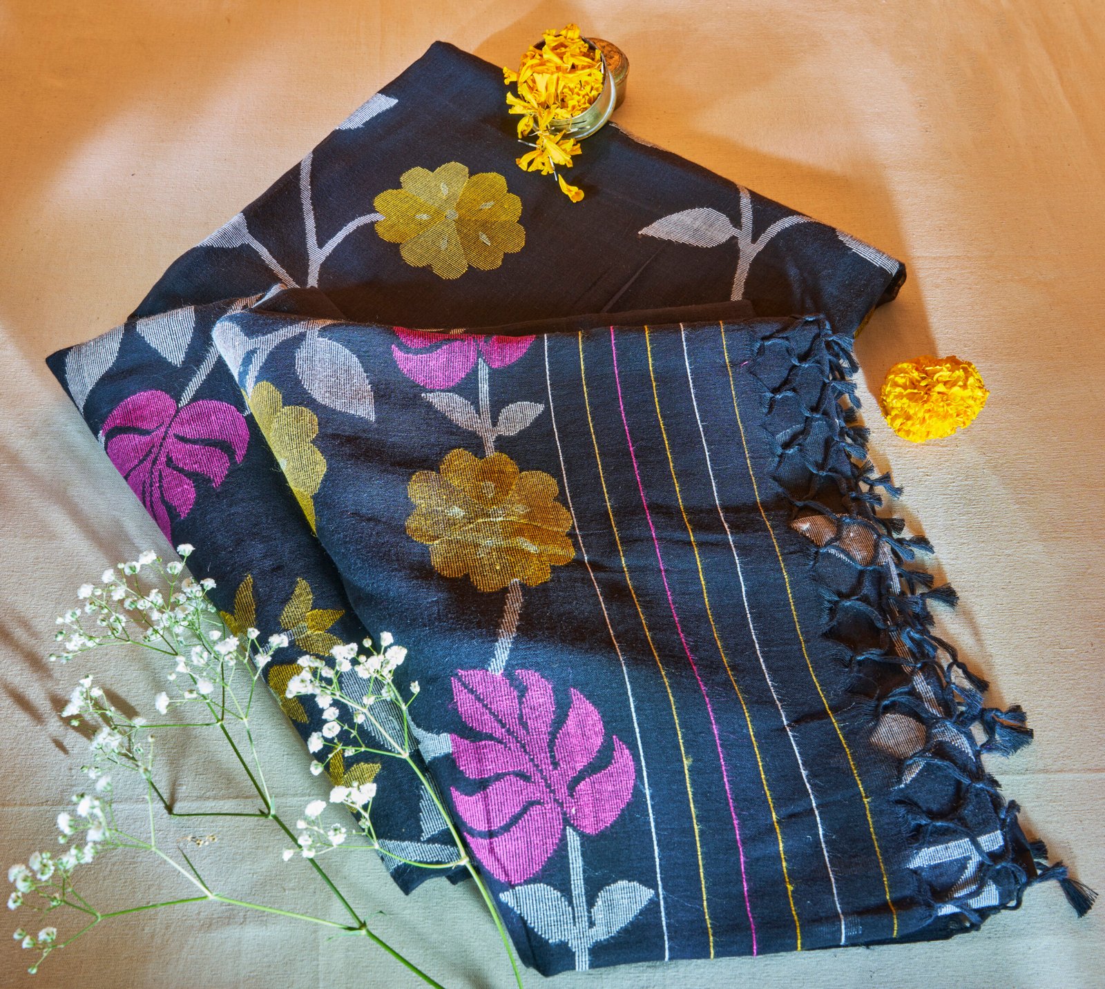 Horse Black Cotton Handloom Jamdani