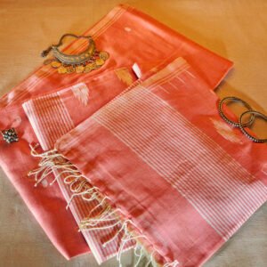 Coral Peach Pure Cotton Jamdani Handloom Saree