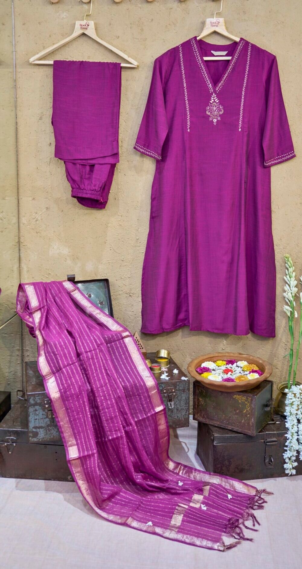 Suit Set With Dupatta Purple With Golden Hand- Embroidery - Image 4