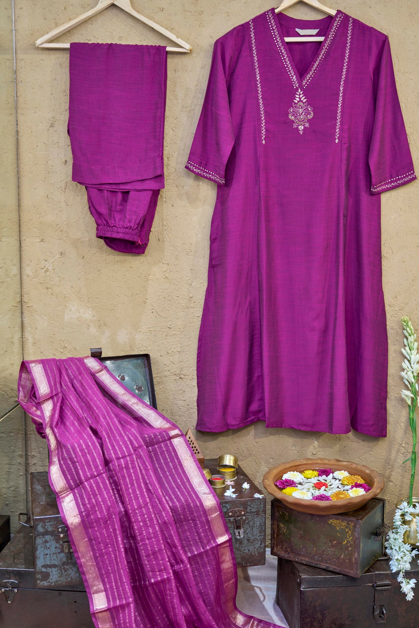 Suit Set With Dupatta Purple With Golden Hand- Embroidery - Image 2
