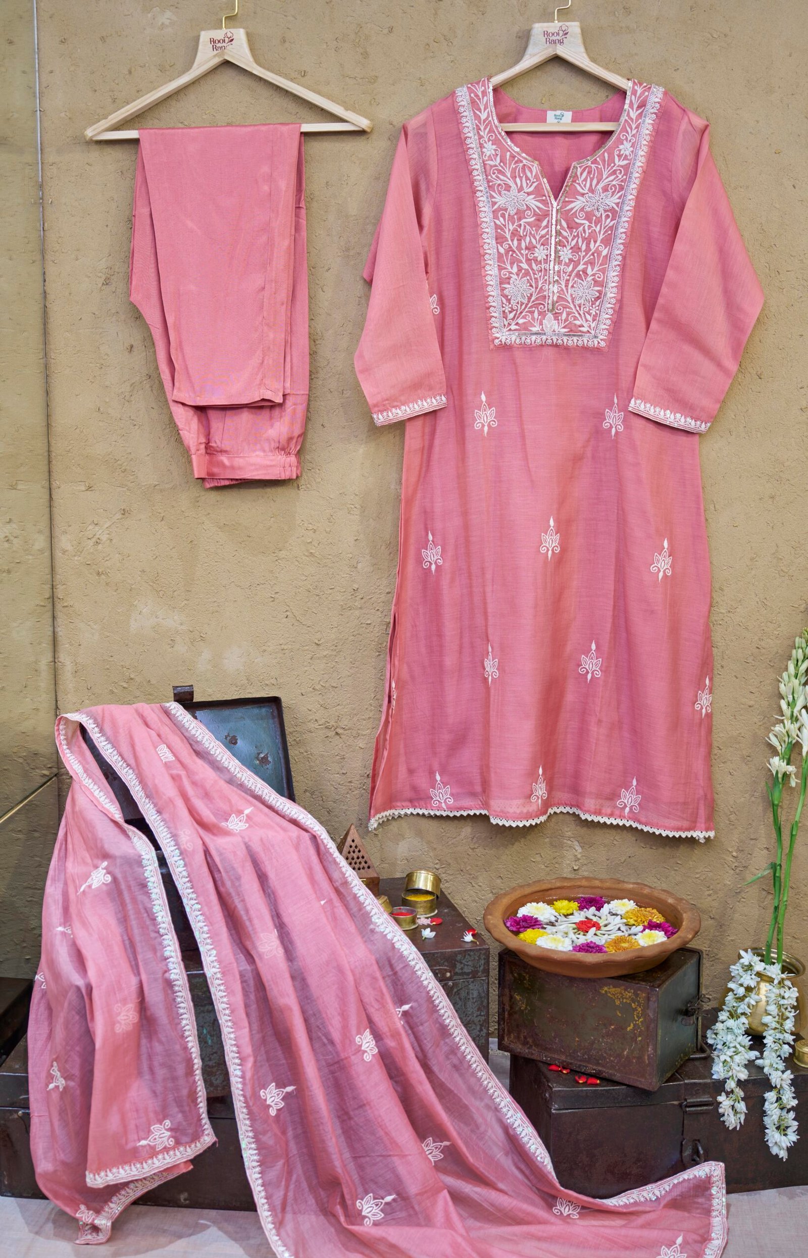 Suit Set With Dupatta Dusty Rose Mul chanderi Flower Embroidery - Image 2