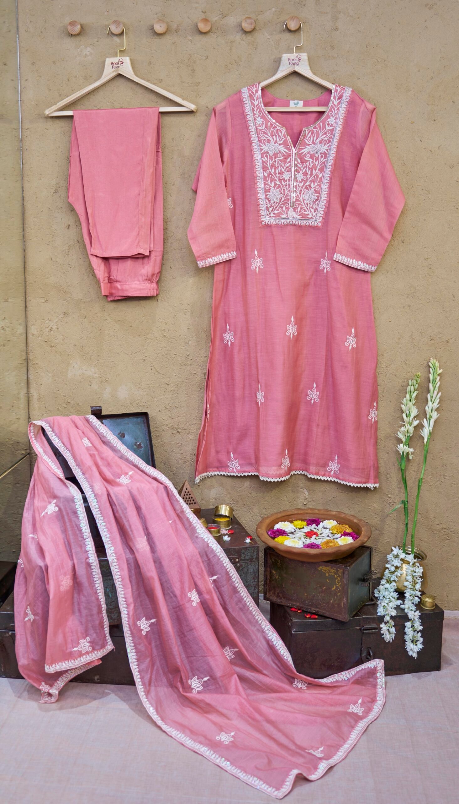 Suit Set With Dupatta Dusty Rose Mul chanderi Flower Embroidery - Image 3