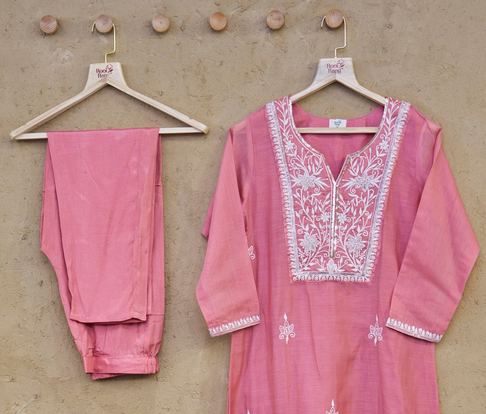 Suit Set With Dupatta Dusty Rose Mul chanderi Flower Embroidery - Image 4