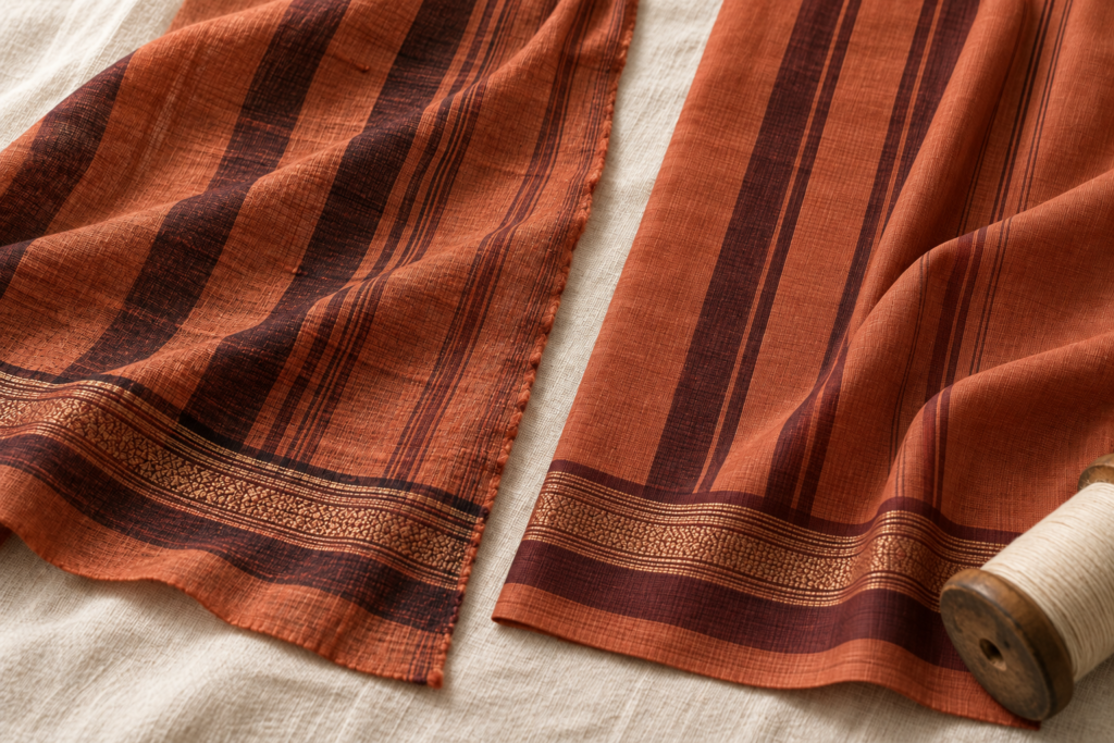 Close-up comparison of a handwoven saree border with a slightly uneven selvedge and natural slubs, next to a machine-woven powerloom fabric with a perfectly straight edge, on a warm cream background