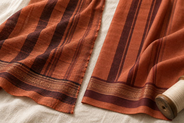Close-up comparison of a handwoven saree border with a slightly uneven selvedge and natural slubs, next to a machine-woven powerloom fabric with a perfectly straight edge, on a warm cream background