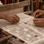 Close-up of a weaver's hands looping gold-zari thread into sheer Jamdani cotton on a traditional pit loom