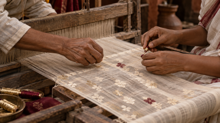 Close-up of a weaver's hands looping gold-zari thread into sheer Jamdani cotton on a traditional pit loom