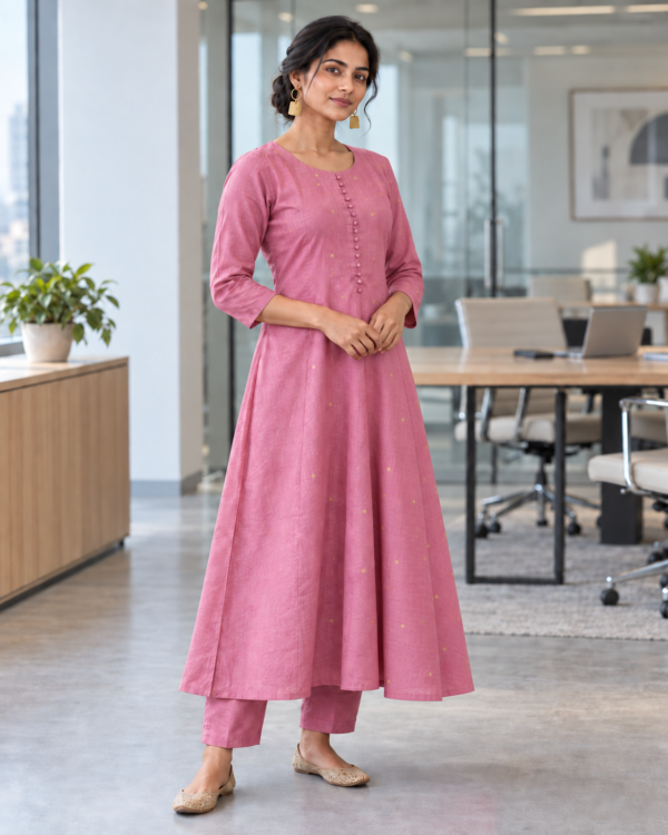 Suit Set South Cotton Dusty Pink Zari Dots & Vartical Lines