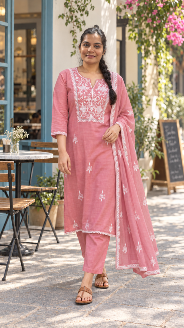 Suit Set With Dupatta Dusty Rose Mul chanderi Flower Embroidery