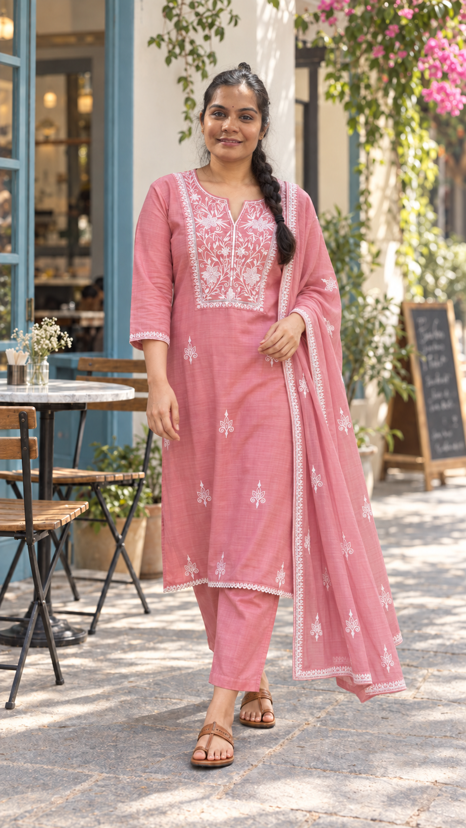 Suit Set With Dupatta Dusty Rose Mul chanderi Flower Embroidery