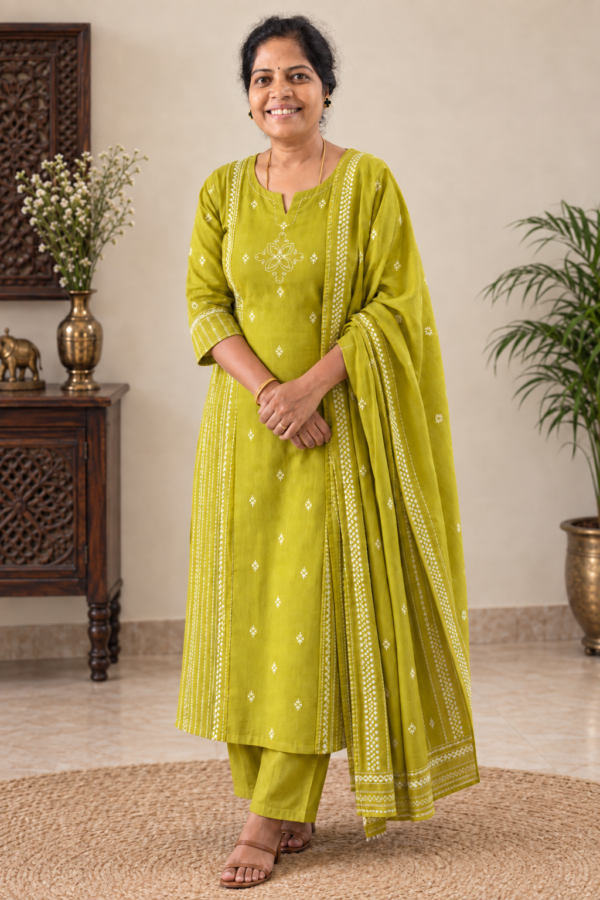 Suit Set With Dupatta – Hand Painted With Embroidery- Pure Cotton