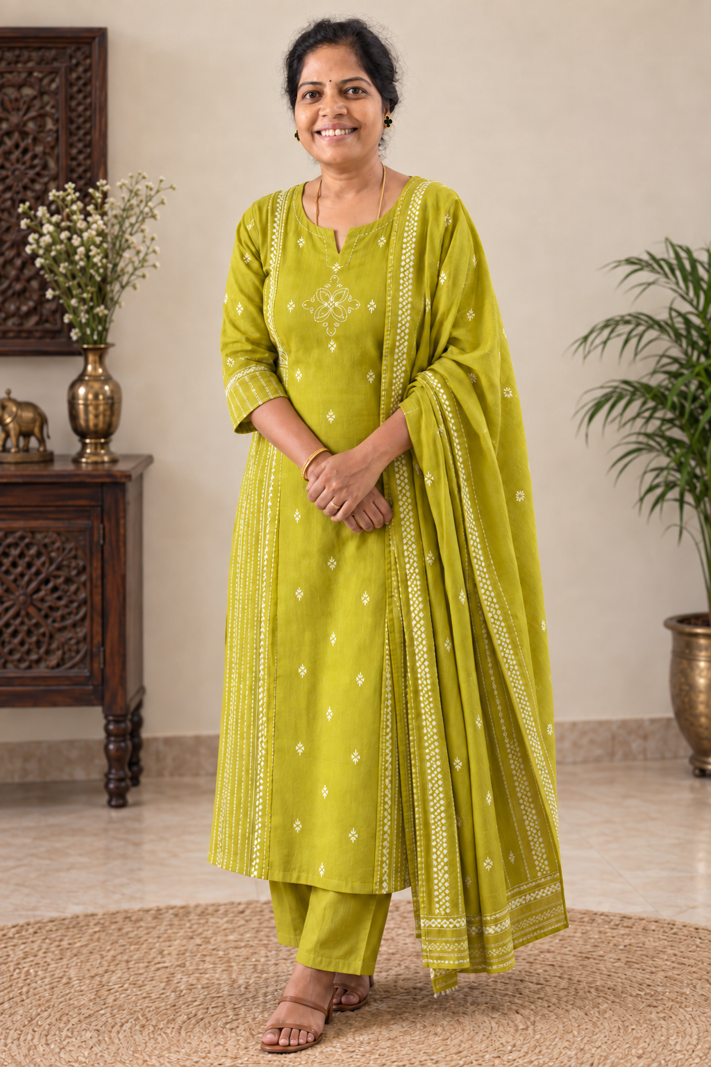 Suit Set With Dupatta – Hand Painted With Embroidery- Pure Cotton