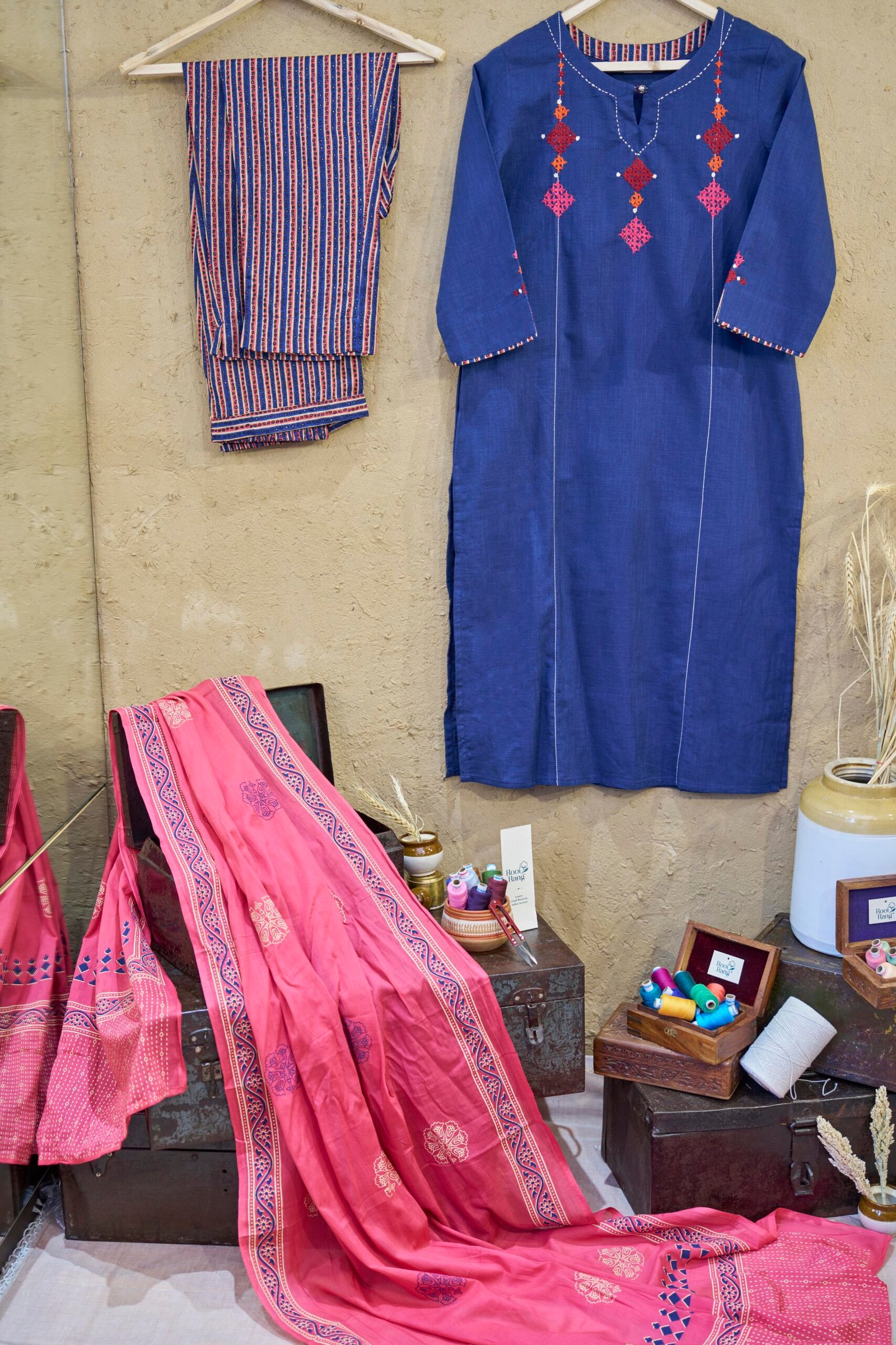 Cotton Suit Set With Dupatta Blue Kutch Handwork