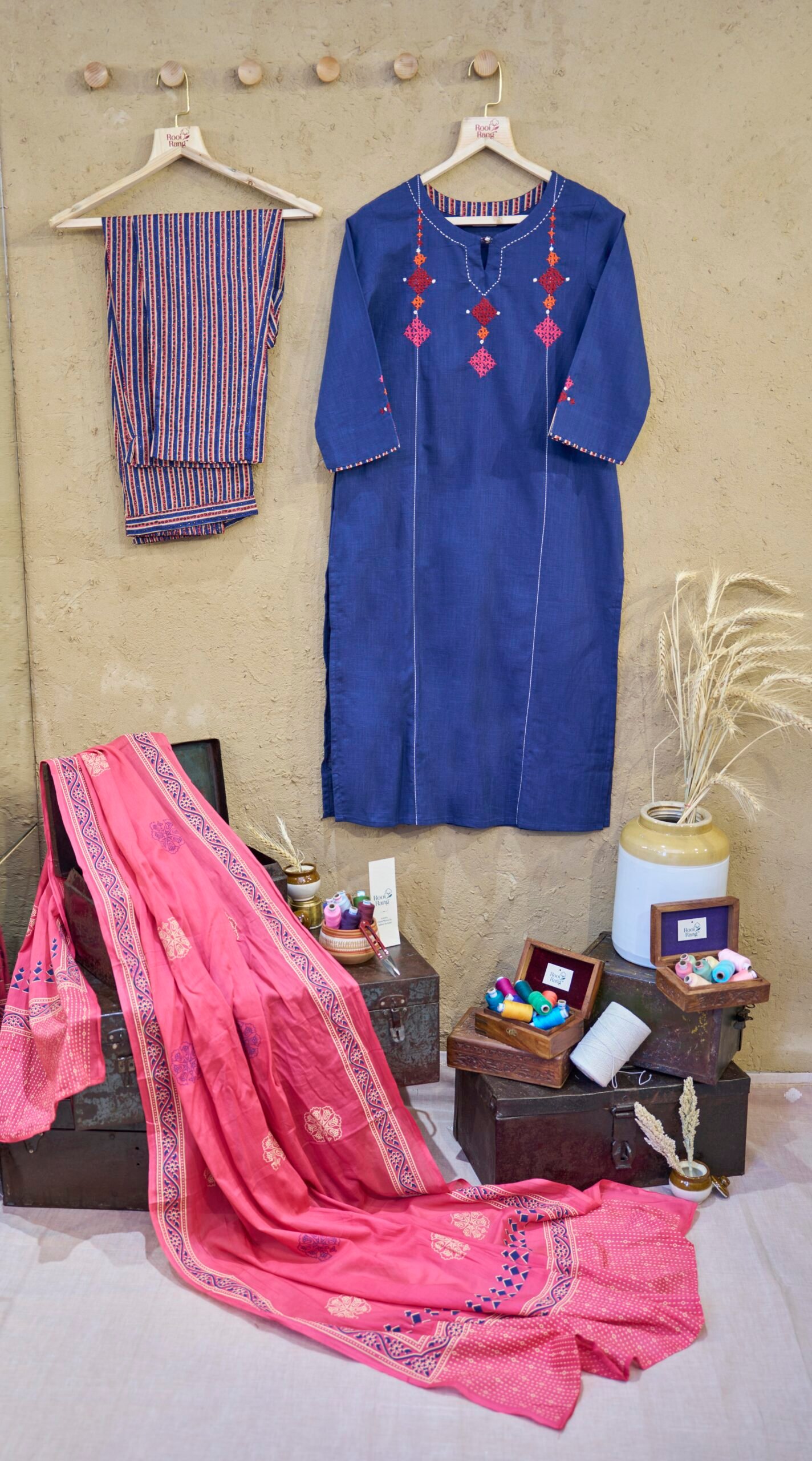 Cotton Suit Set With Dupatta Blue Kutch Handwork