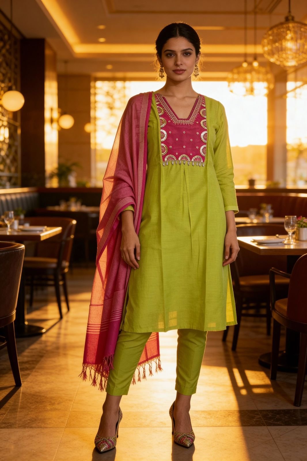 Suit Set With Dupatta Mulchanderi Green Pink - Image 6