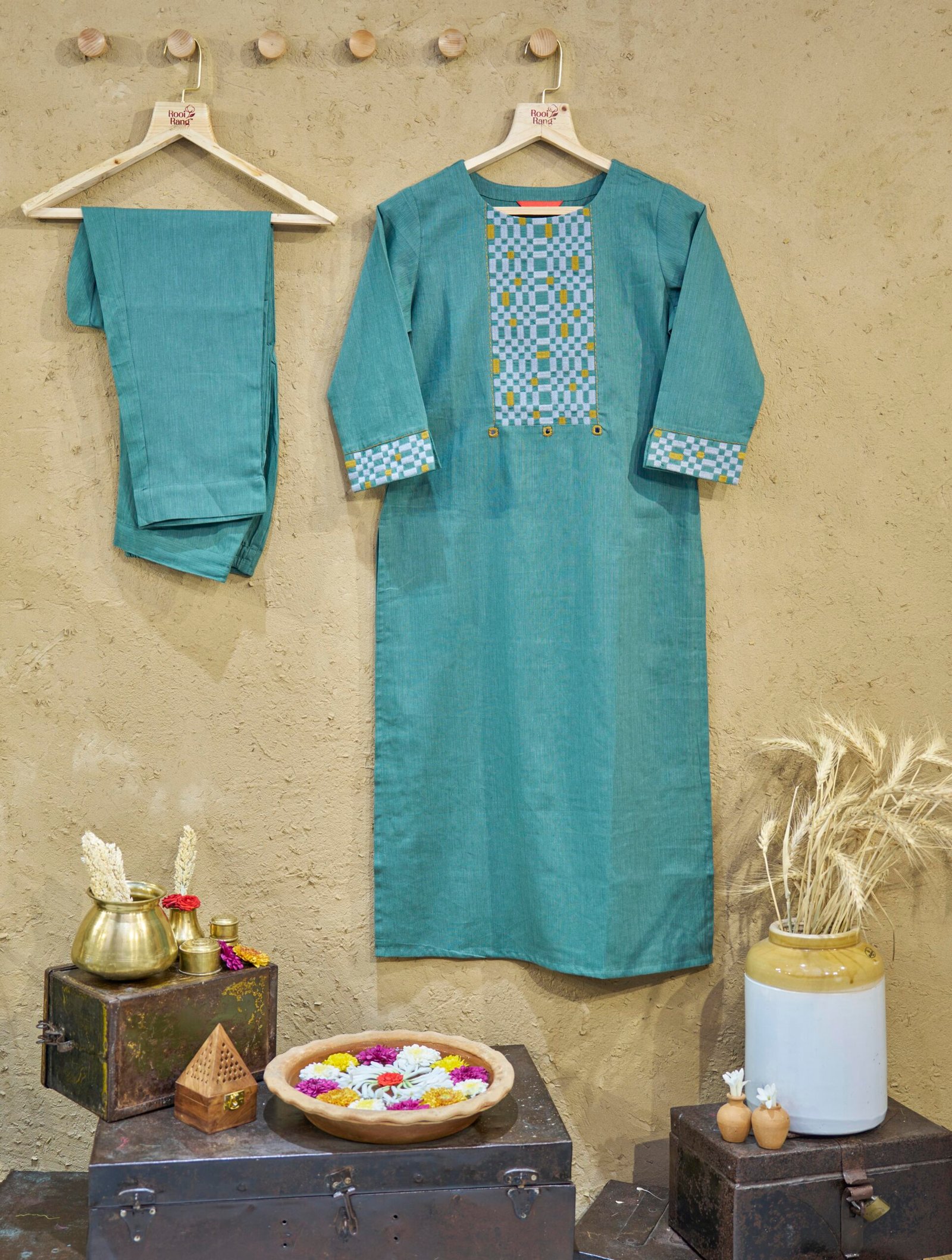 Kurti Set Sea Green Checks Embroidery