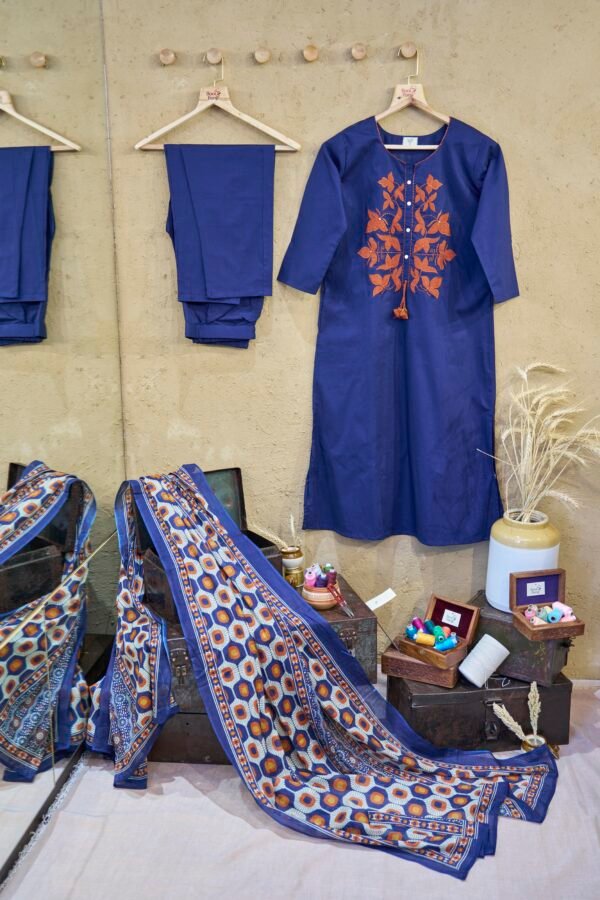 suit-set-with-dupatta-Navy-Blue-leaf-applique-work